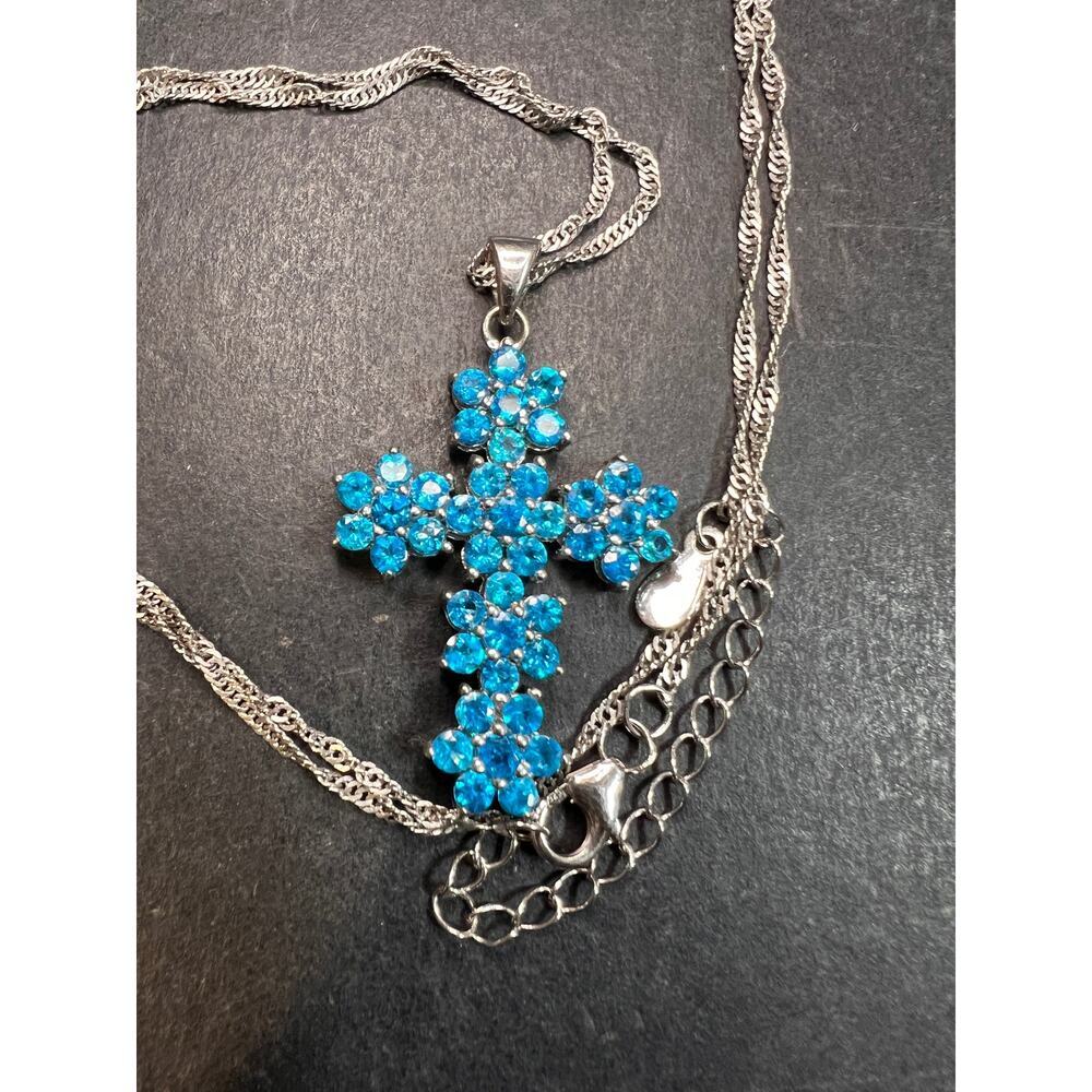 Neon Blue Apatite Rhodium Over Sterling Silver Cross Pendant With Chain 3.25ctw - Picture 6 of 16